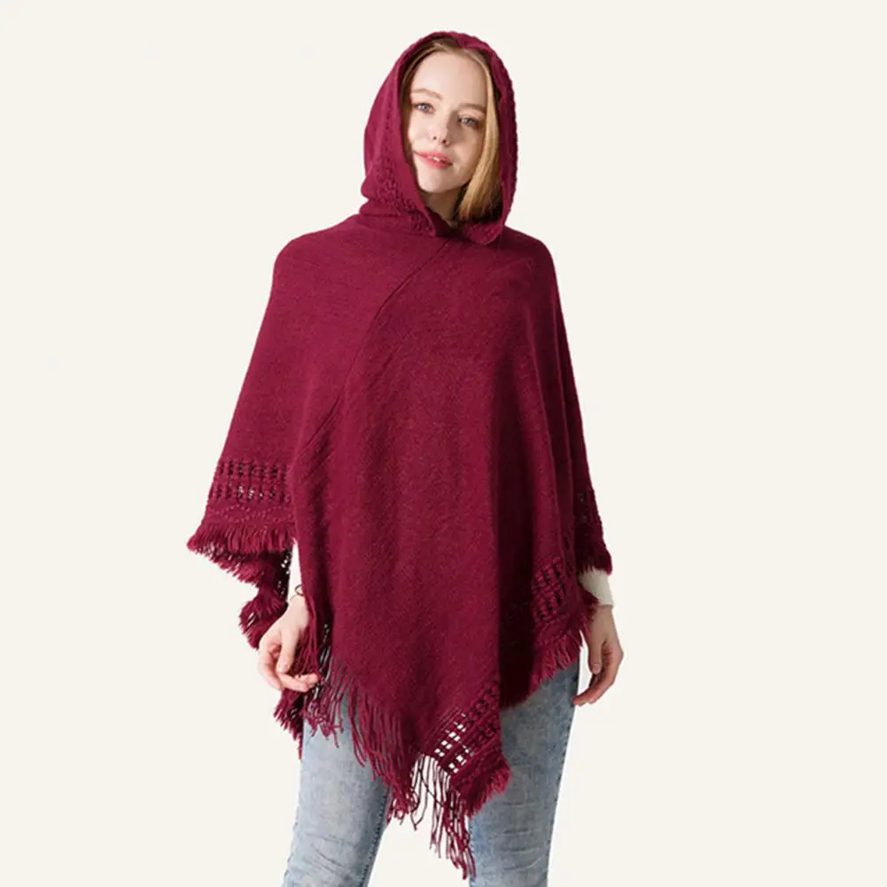 Women Autumn Cape Tassel Loose Knitting Solid Color Irregular Hem Warm Hooded Bohemia Fringed Lady Cloak for Office Daily Wear