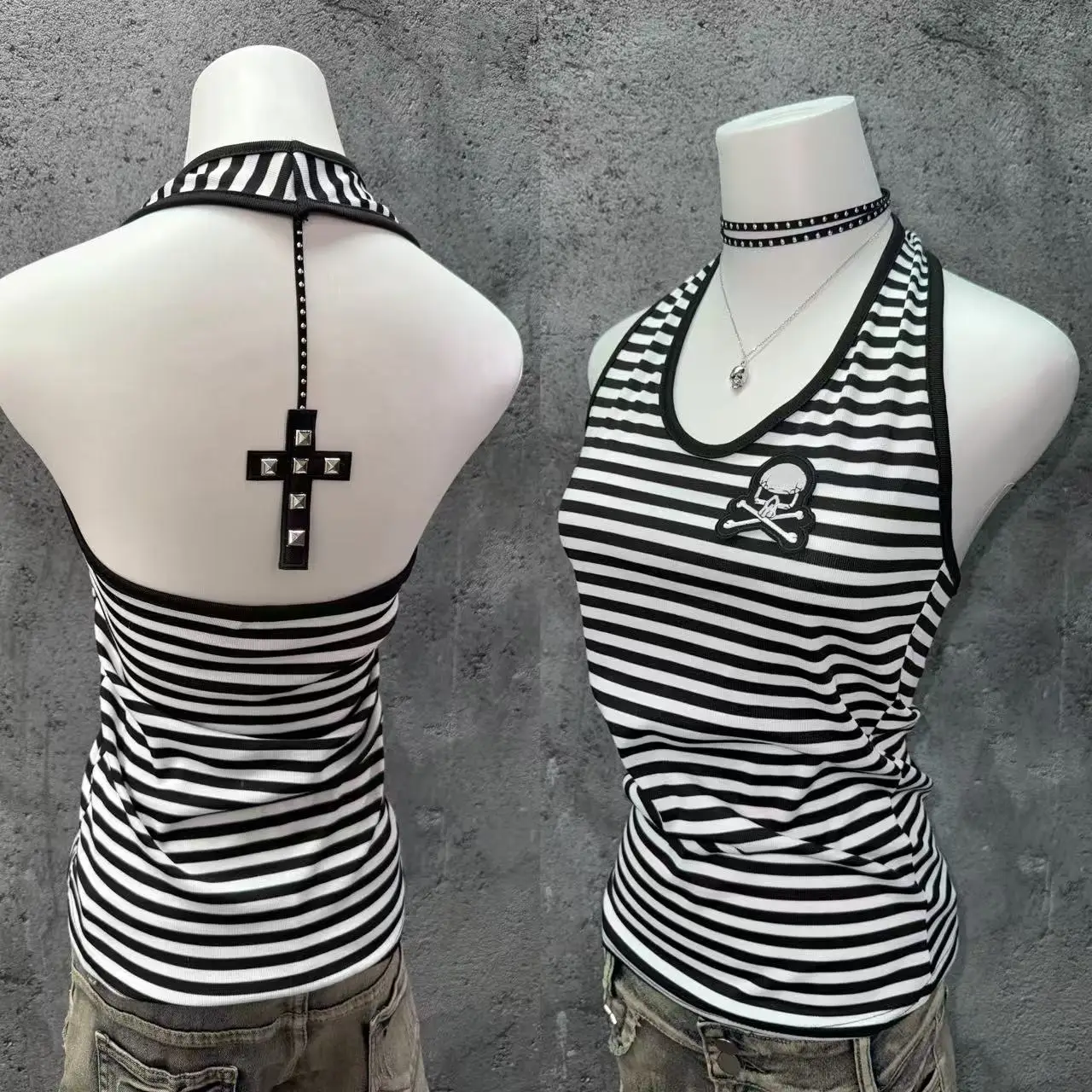 Sexy Tanks Top women Y2k Stripe Crop Top Goth Punk Basics 2000s Aesthetic Harajuku T-shirt Gyaru Summer Backless Vintage Tee Emo