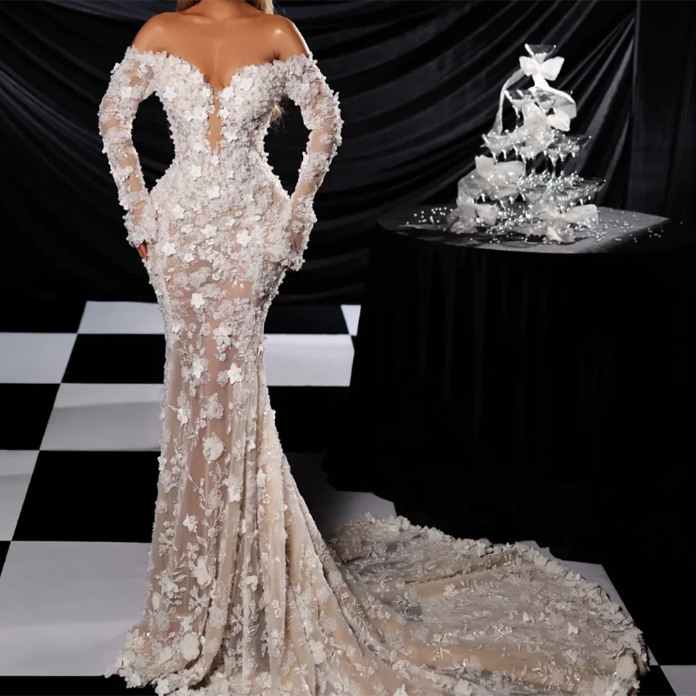 

Luxury Off Shoulder Appliquins Floral Full Sleeve Mermaid Bride Wedding Dresses Bridal Gowns Customized