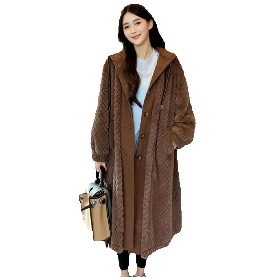 Two long eco-friendly fur and wool coats for women's autumn and winter 2025 new style