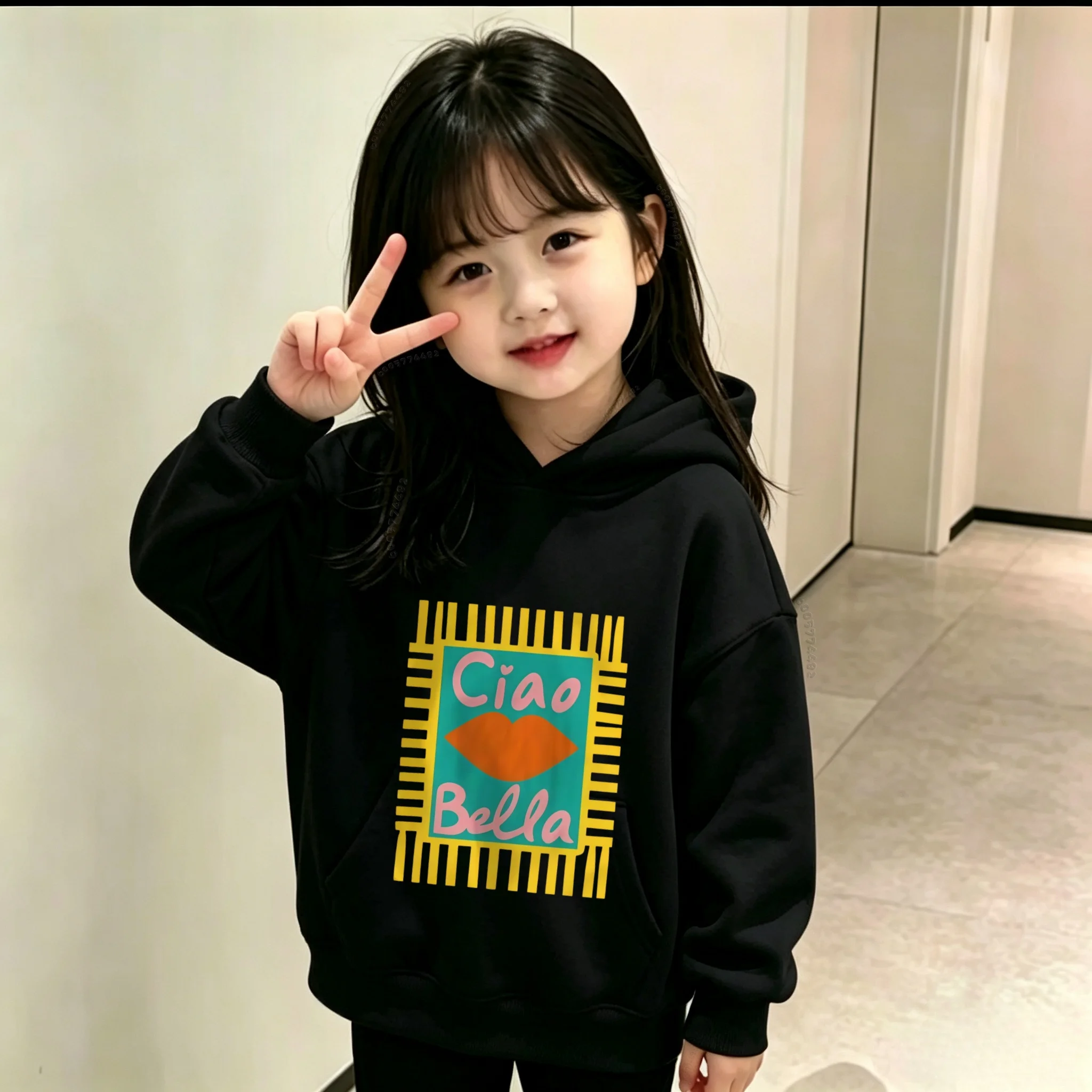 Best-selling Ciao Bella patterned printed long-sleeved hooded children's t-shirt. Cute and loose children's sweatshirt.