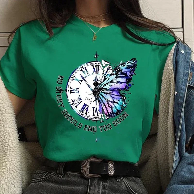 New Fashion T Shirt No Story Should End Too Soon Women's Fashion Personalized Creative Butterfly Clock Pattern Printed Shirt