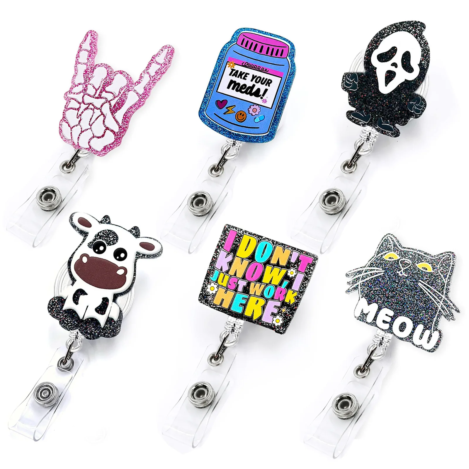New Arrival 1 Piece Shiny Acrylic Anime Cat Cow Skeleton Bottle Retractable Nurse Badge Reel Student Doctor ID Card Holder