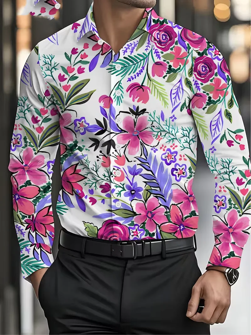 

New green and white gradient starlight streamline printed men's long sleeved shirt, business style casual flower shirt