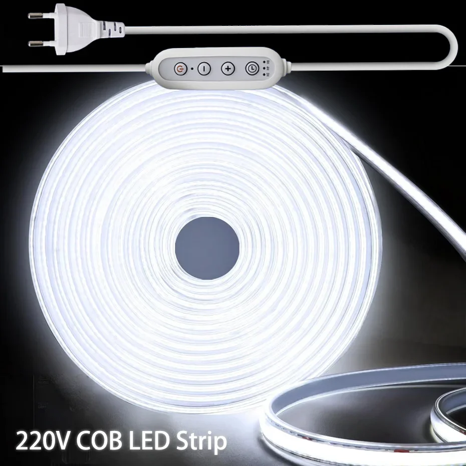 Bande lumineuse LED COB 220V, 288 diodes/m, étanche IP65, 1m-25m, Flexible, avec prise EU/AU/UK et variateur de synchronisation CW/NW/WW pour pièce