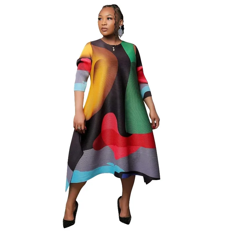Pleated Print Dress 2026 New Early Spring Fashion Elegant A-line Swing Dress Elegant Women's Clothing High-quality