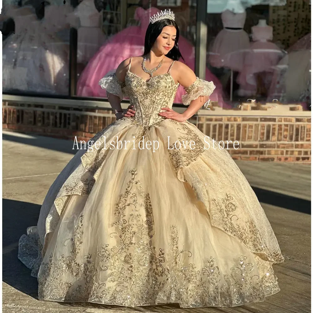 

Роскошное бальное платье цвета шампанского Angelsbridep, платья 15 Quinceanera, платья с аппликацией для торжества, вечернее платье на день рождения для девочек