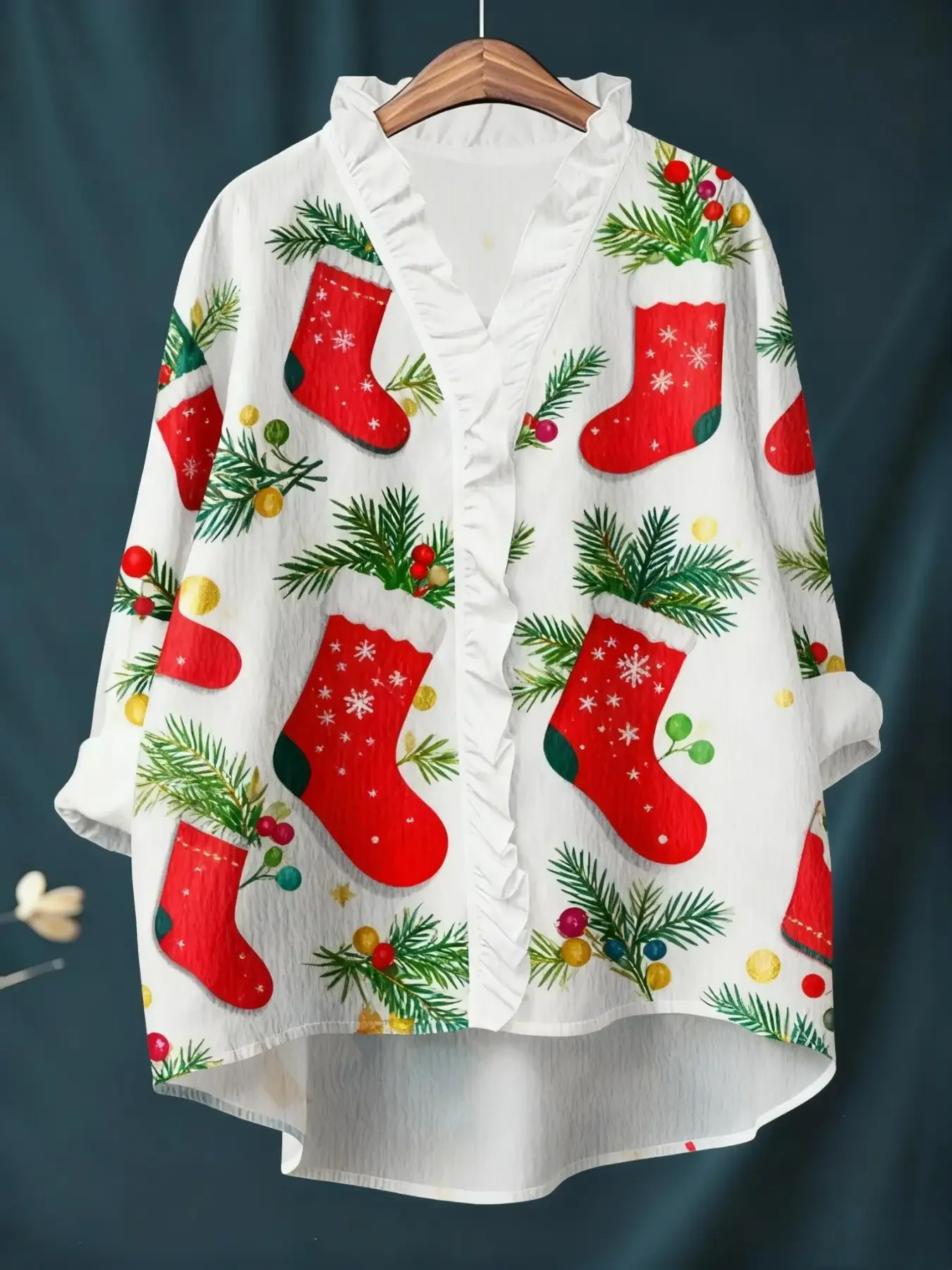 Women's Christmas Digital Printed New Long Sleeve Shirt with Ruffle Collar, Red and white patchwork wreath pattern top