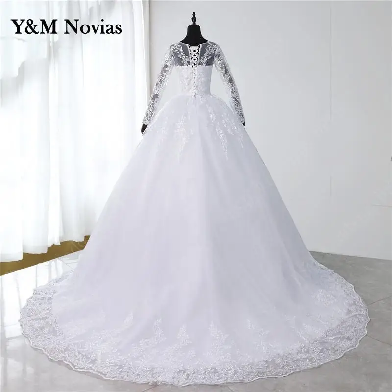 2021 Wit Ivoor Champagne Sweetheart Vestido De Noiva Trouwjurk Volledige Mouw Lange Trein Custom Plus Size Bruid Tule Mariage