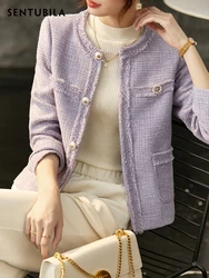 SENTUBILA Purple Textured Tweed Jackets Women 2024 Spring New Fashion Work Business Elegant Short Blazer Coats Outwear 123W44389