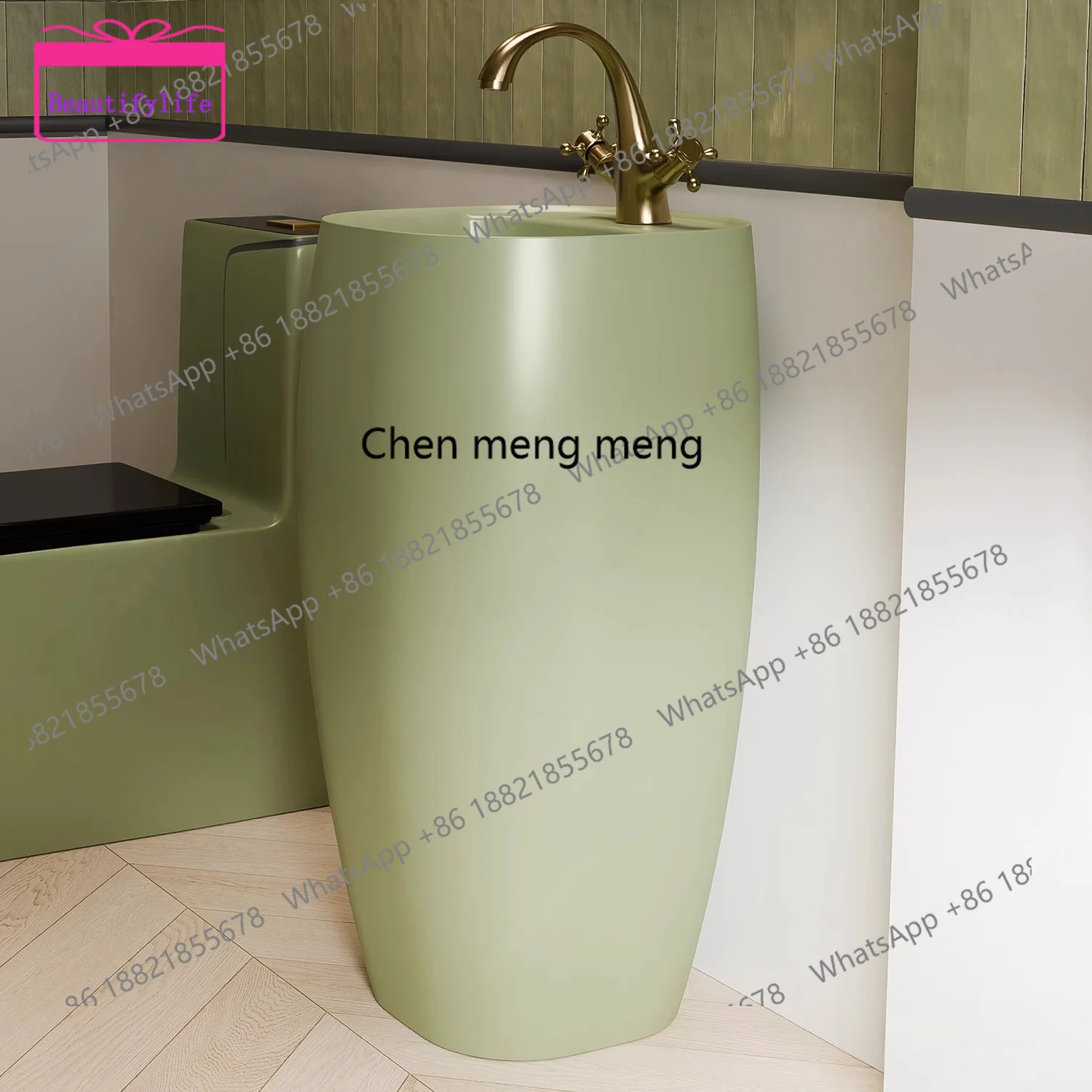 

YL Retro green integrated floor-to-ceiling ceramic column basin, bathroom hand washing, washbasin
