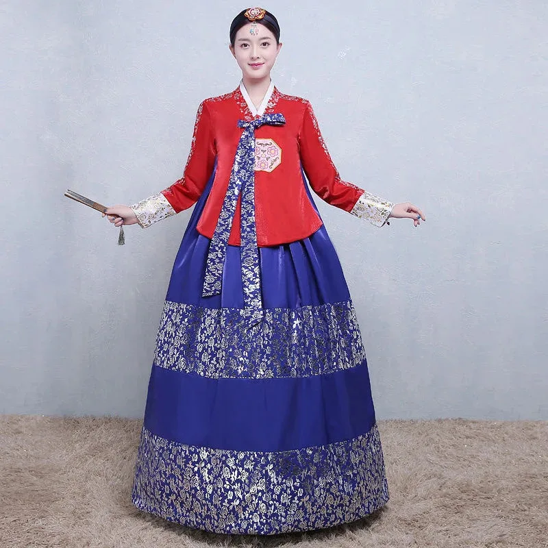 Roupas tradicionais coreanas multicoloridas para mulheres, fantasia nacional de quadra, hanbok, lantejoulas, vestido de dança de palco, roupa de festa de ano novo