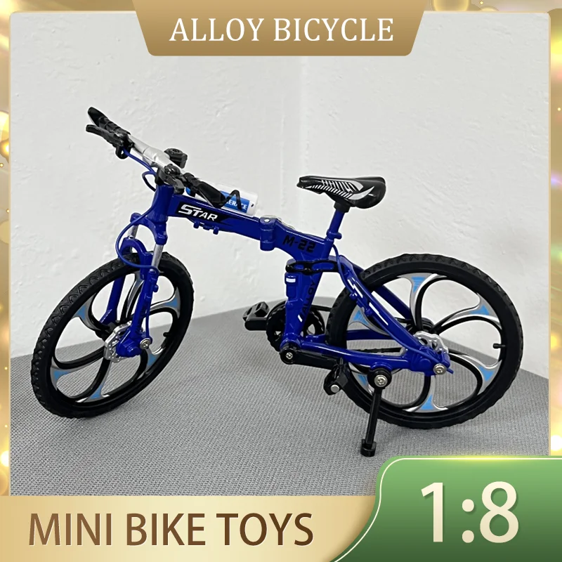 1:8 Model Alloy Bicycle Foldable Diecast Decoration Metal Finger Bmx Mountain Blue Bike Collection Simulation Kids Toy Gift