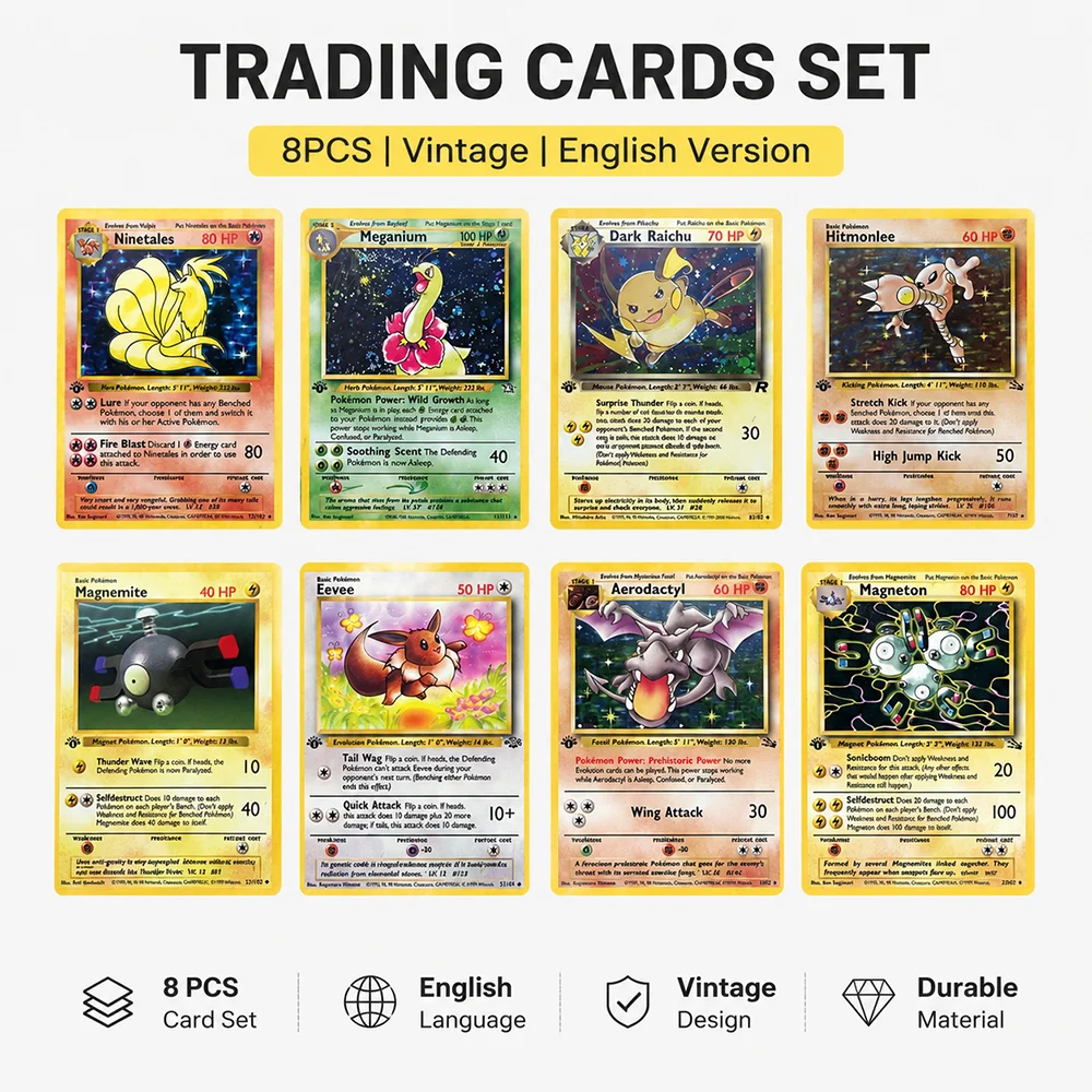 PTCG 8PCS Tarjetas Coleccionables Holográficas Vintage Ninetales Meganium Dark Raichu Hitmonlee Eevee Aerodactyl Magneton Magnemite Tarjeta Retro EN