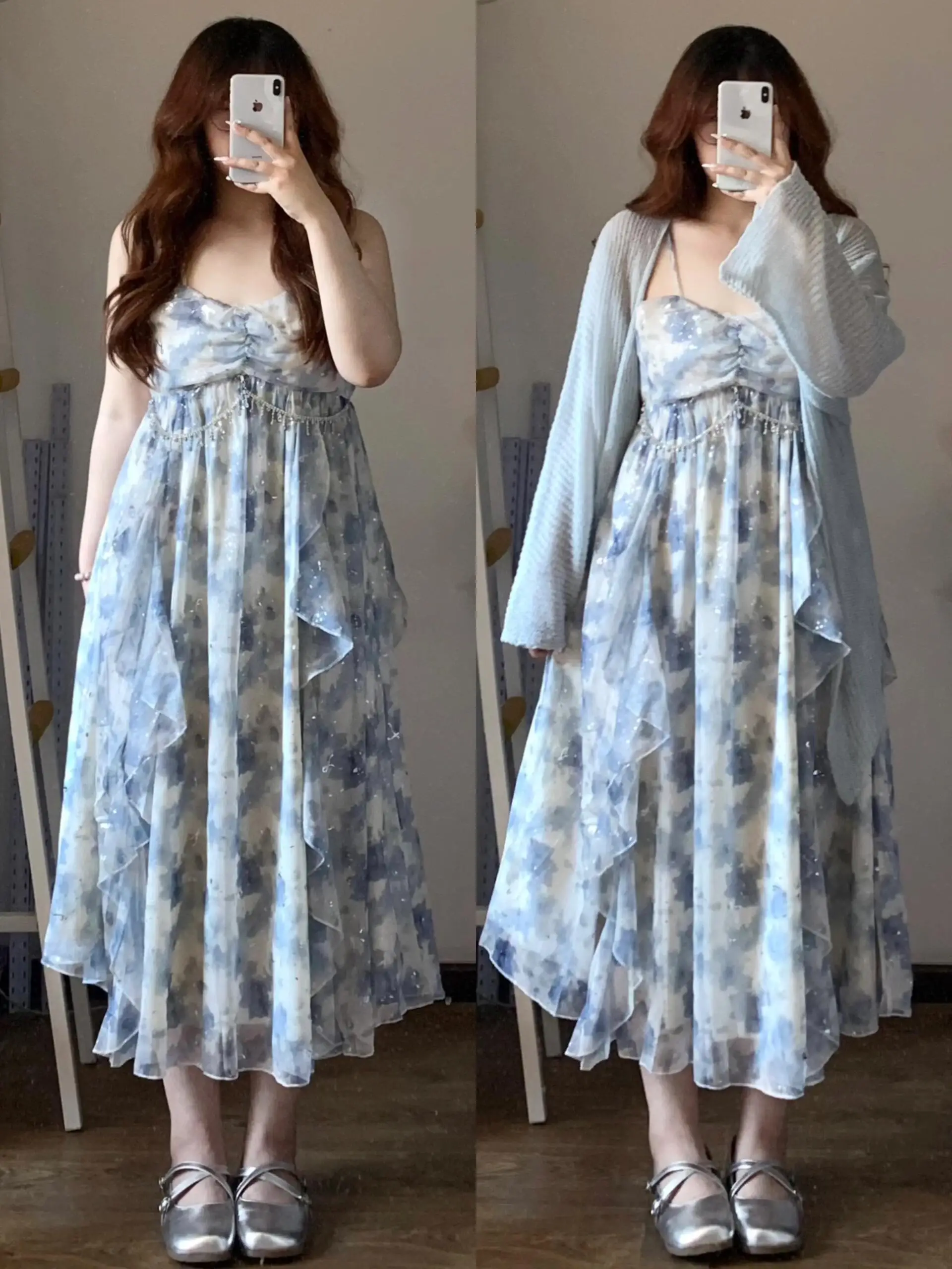 

plus Size Women's Elegant High Waist Gauze Print Dress with Cardigan Set Long Sleeve V Neck Summer Fashion Outfit with Puff S...