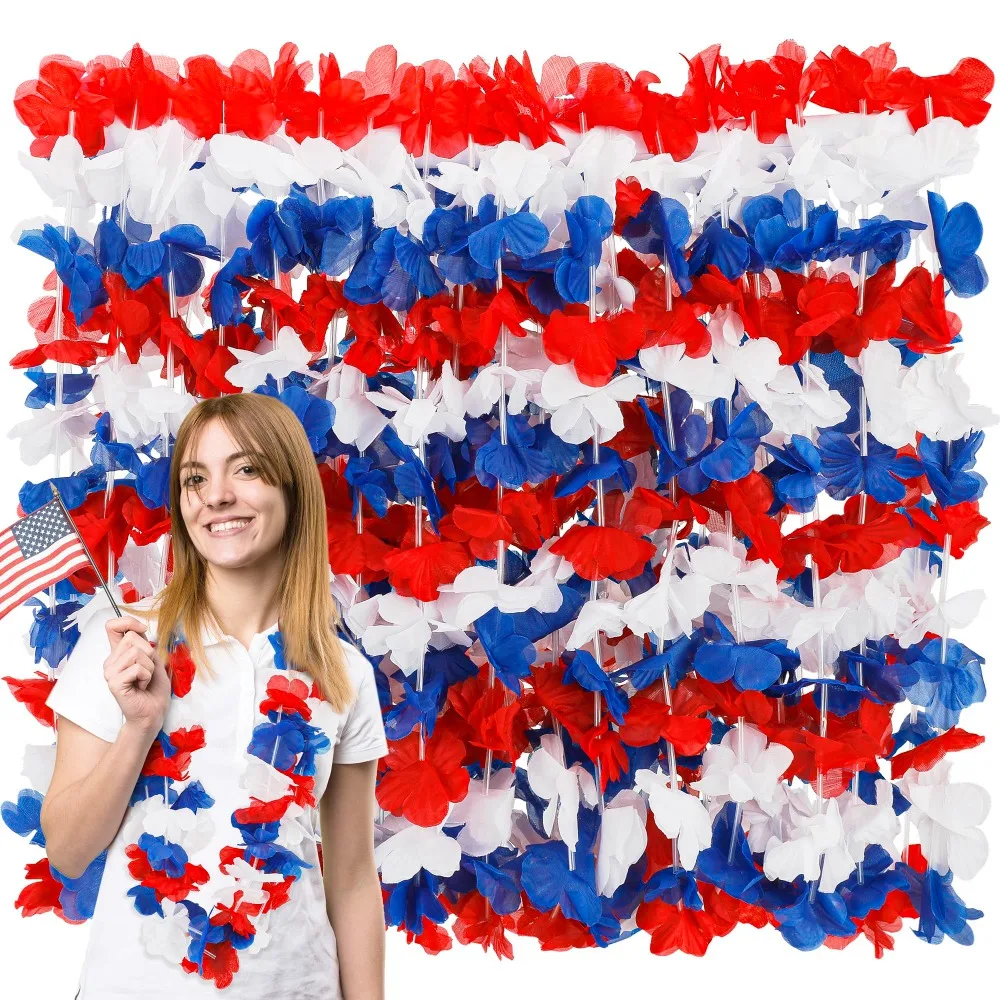 24pc Patriotic Leis Fourth of July Red Blue White Silk Flower Lei Independence Day Leis for Memorial Day 4th of july accessories