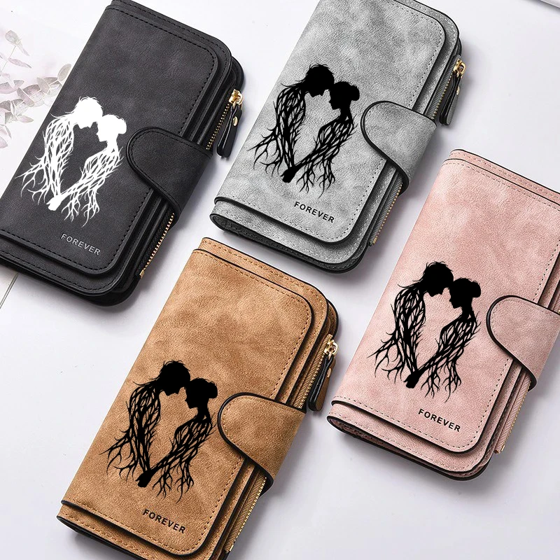 

Женский кошелек из искусственной кожи с изображением Древа жизни и влюбленной пары, длинный, с отделениями для карт, на молнии, для девушек, с зажимом для денег
