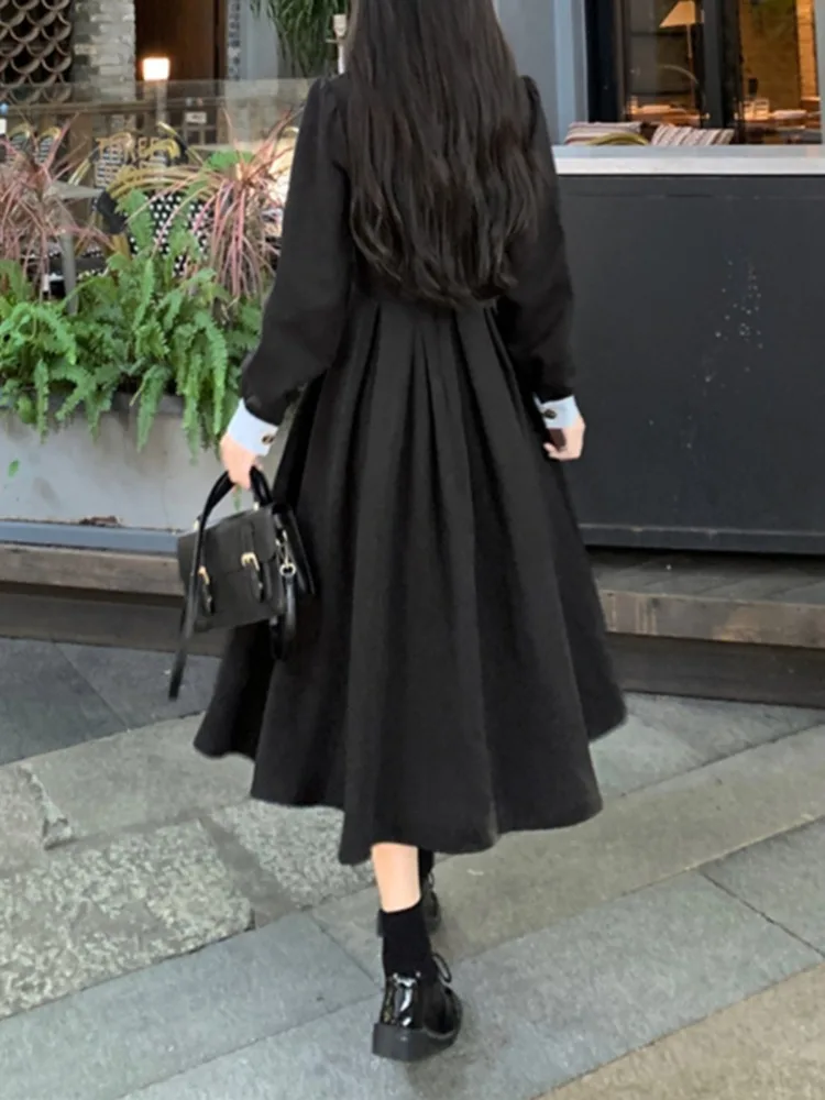 Hikigawa 2023 Preppy Causal Women Dress Peter Pan Collar All Match Dresses Long Sleeve Chic Fashion Elegant Vestido De Mujer