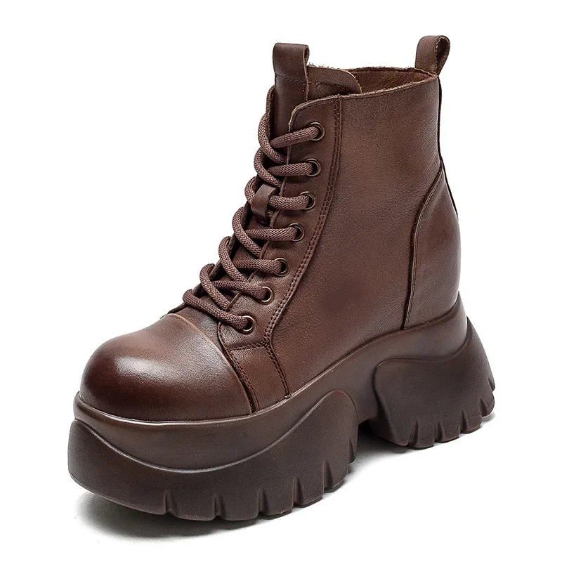 

Women Boots Luxury Genuine Leather Handmade Quality Comfortable Autumn Winter Warm New Platform 7.5 Cm Height Ankle Boots Lady