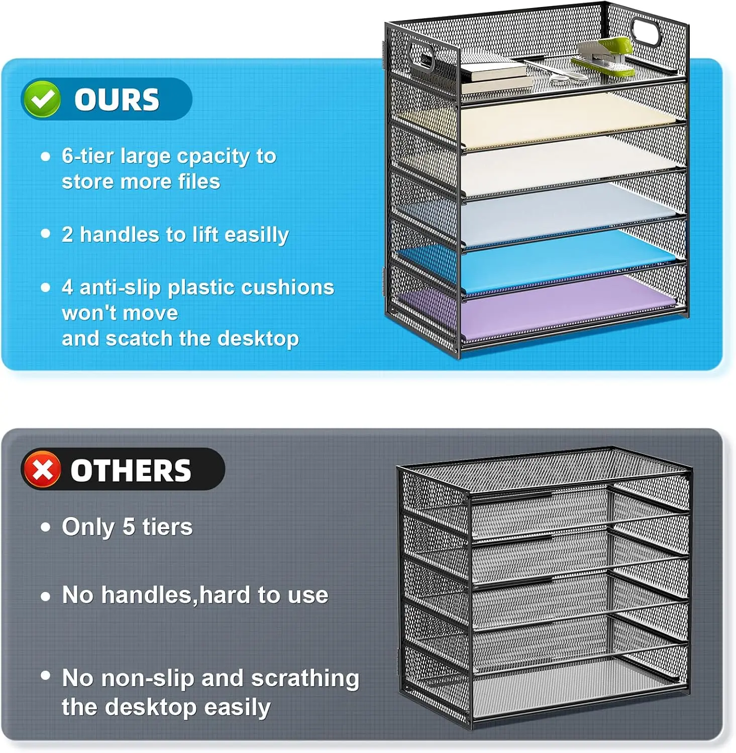 6 Tier Mesh Paper Organizer Letter Tray with Handle, Desktop File Sorter for Letter & A4 Documents, Black