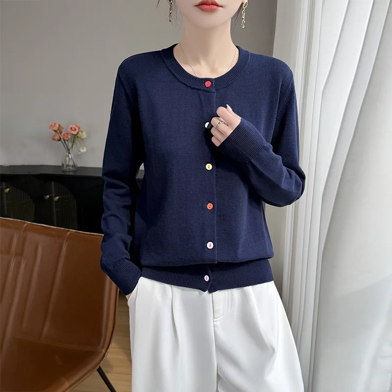 100% Cotton Soft Color Buckle Puppy Embroidery Spring And Autumn New Round Neck Knit Cardigan Women's Sweater Coat