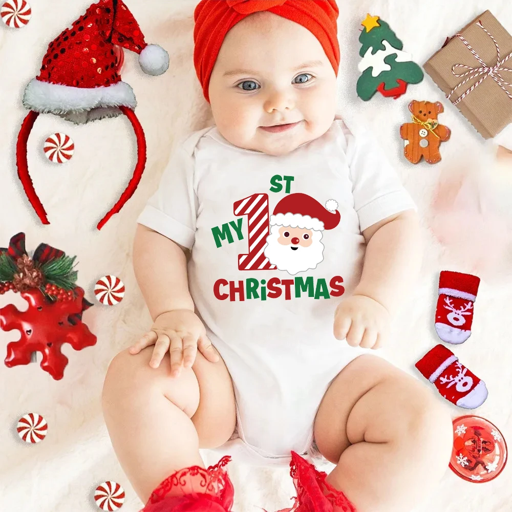 My 1st Christmas Baby Bodysuit Newborn Short Sleeve Romper Santa Claus Print Infant Onesie Xmas Baby Outfit Baby Christmas Gift