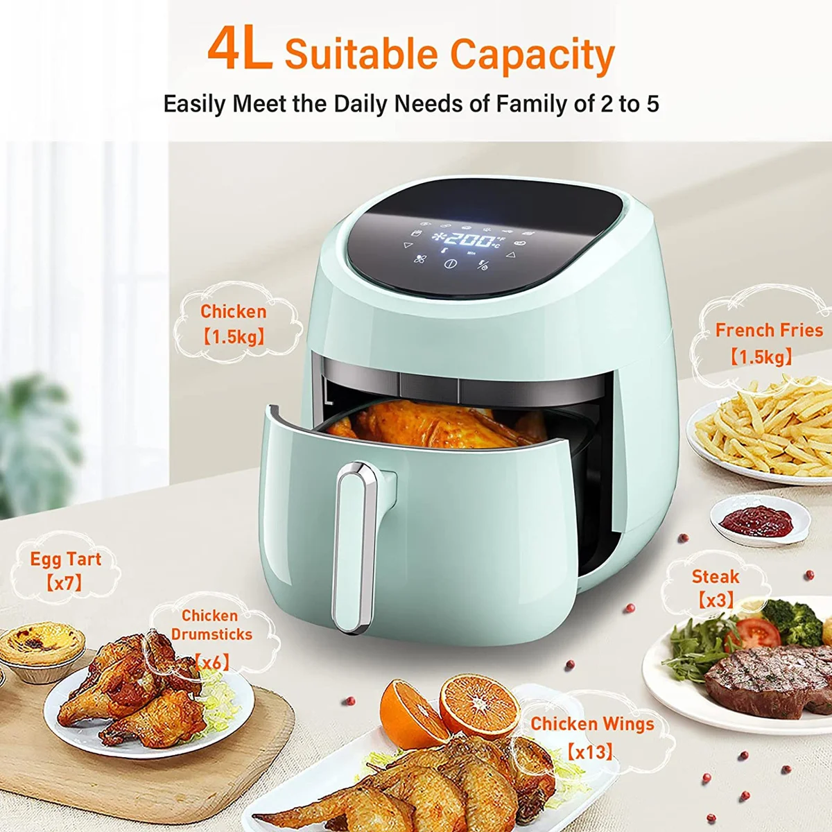 ELPIS Smart Air Fryer 4 ลิตรไม่มีน้ำมัน LCD Touch Screen Airfryer เมนูที่ตั้งไว้ล่วงหน้าเตาอบไฟฟ้าอเนกประสงค์ Fryer เครื่องทำอาหาร
