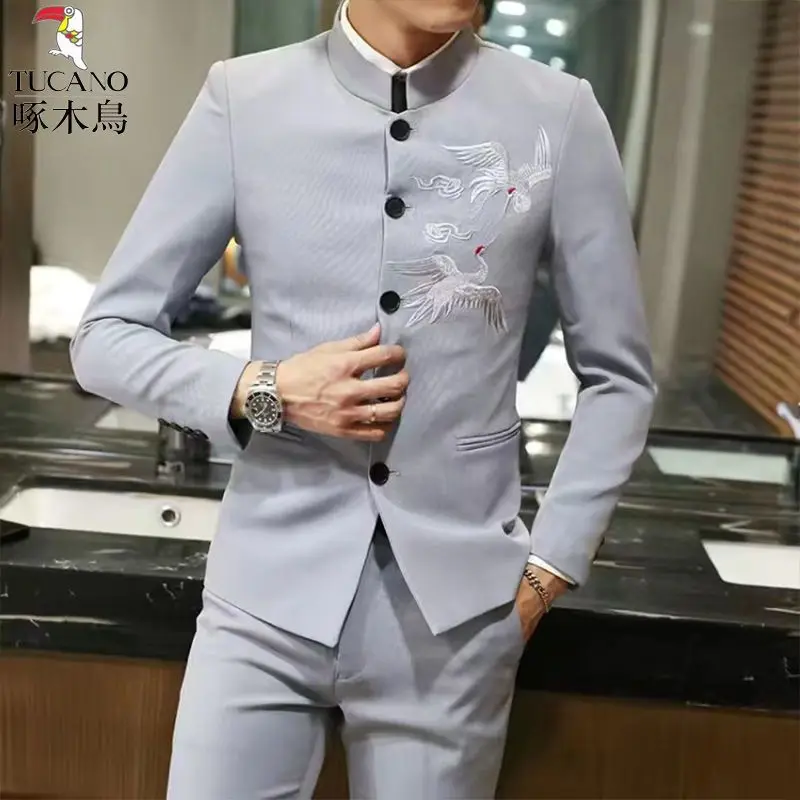 Fashion Crane Embroidery Stand Collar Men\'s Casual 3 Pcs Suit Set Male Jacket Groom Wedding Dress Blazers Dress Trousers Vest