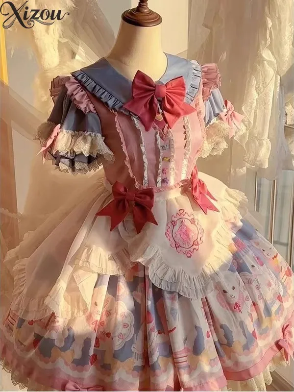 2025 Blu Rosa Lolita OP Abito Grembiule Colletto finto Fiocco Bambola Torta da principessa Stampa cartone animato Vita alta Puffy Festa di compleanno Estate