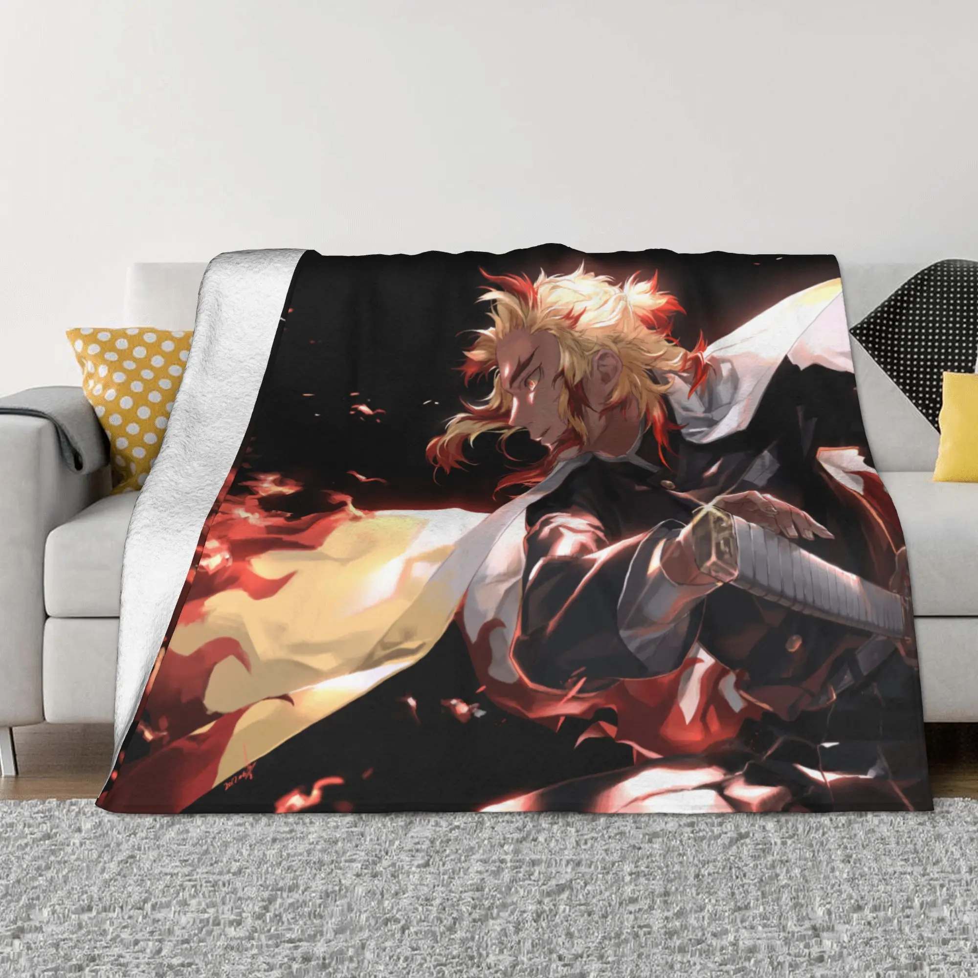 Kyojuro Rengoku Kimetsu No Yaiba Blanket Demon Slayer Anime Flannel  Warm Throw Blankets for Chair Covering Sofa Spring Autumn