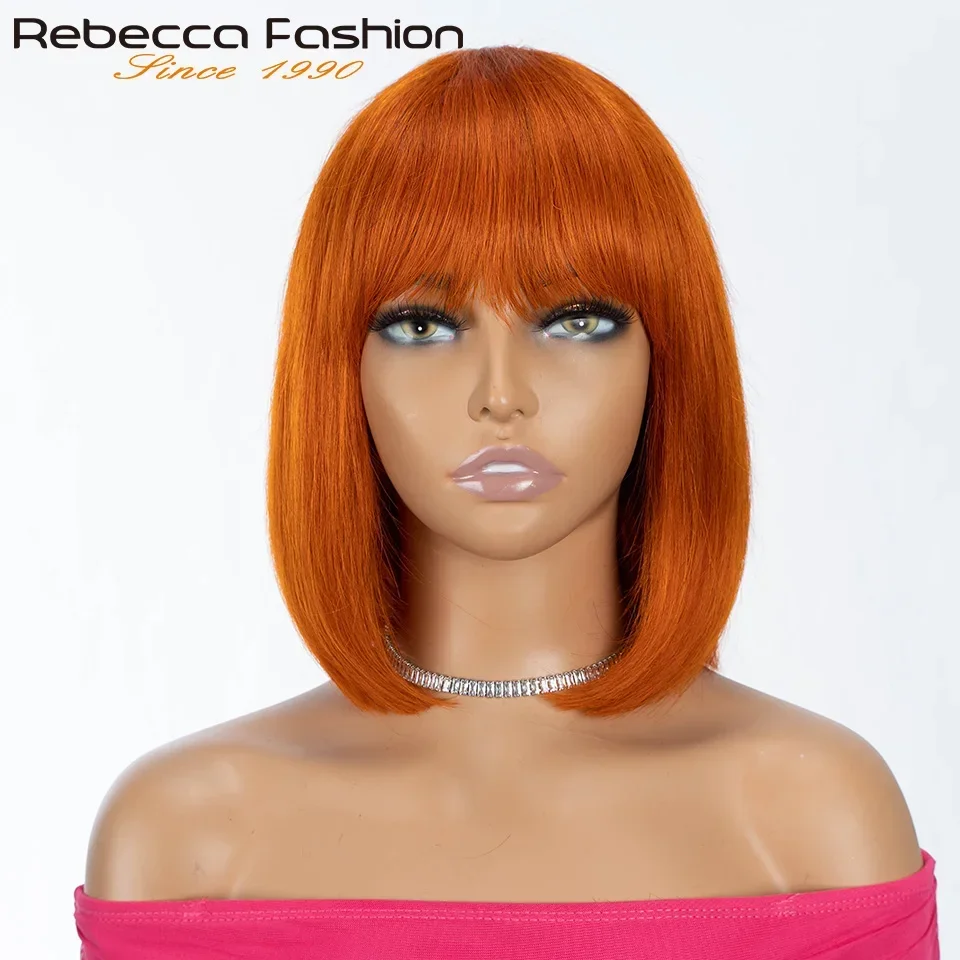 180D Orange/Ginger Colored Blonde Straight Human Hair Bob Wigs With Bangs Remy Full Machine Made for Women Easy Put On And Go