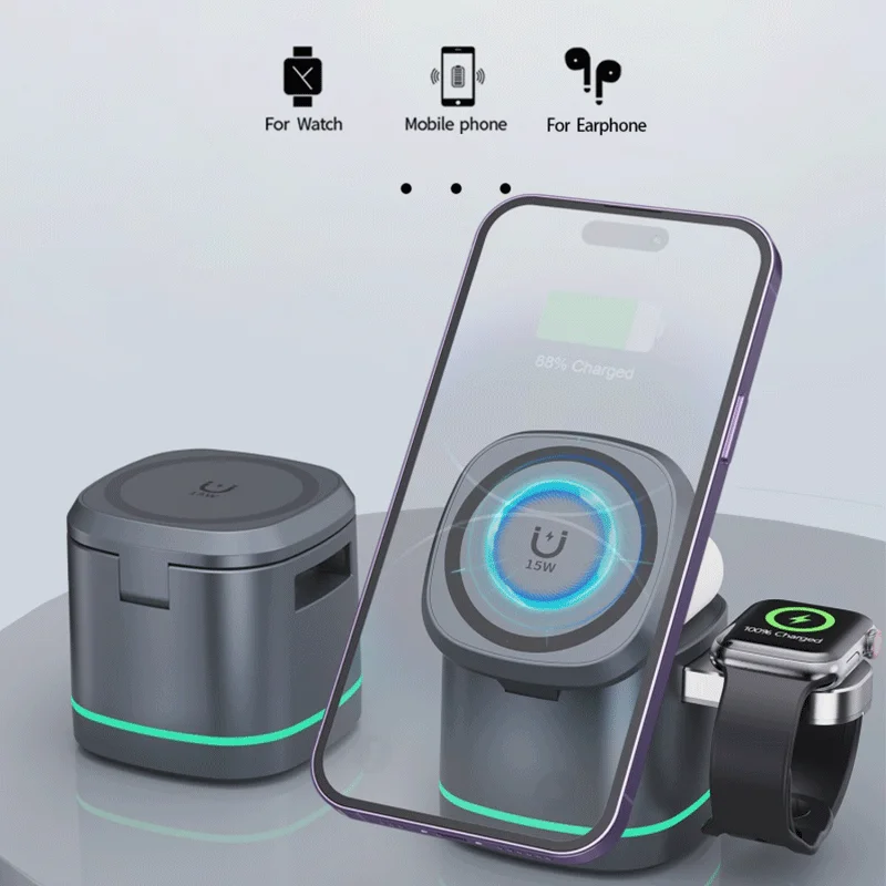 

Магнитное беспроводное зарядное устройство 3-в-1 Qi2, 15 Вт, быстрая зарядная станция, портативное, для iPhone 17/16/15/14/13/12, часов, AirPods 2 3 Pro