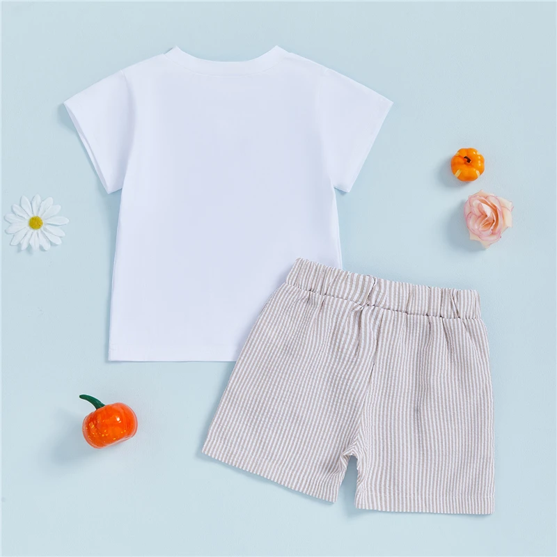 أطقم ملابس الهالوين للأطفال والأولاد تي شيرت مطرز بأكمام قصيرة مع شورت مخطط طقم ملابس صيفية للأطفال الصغار