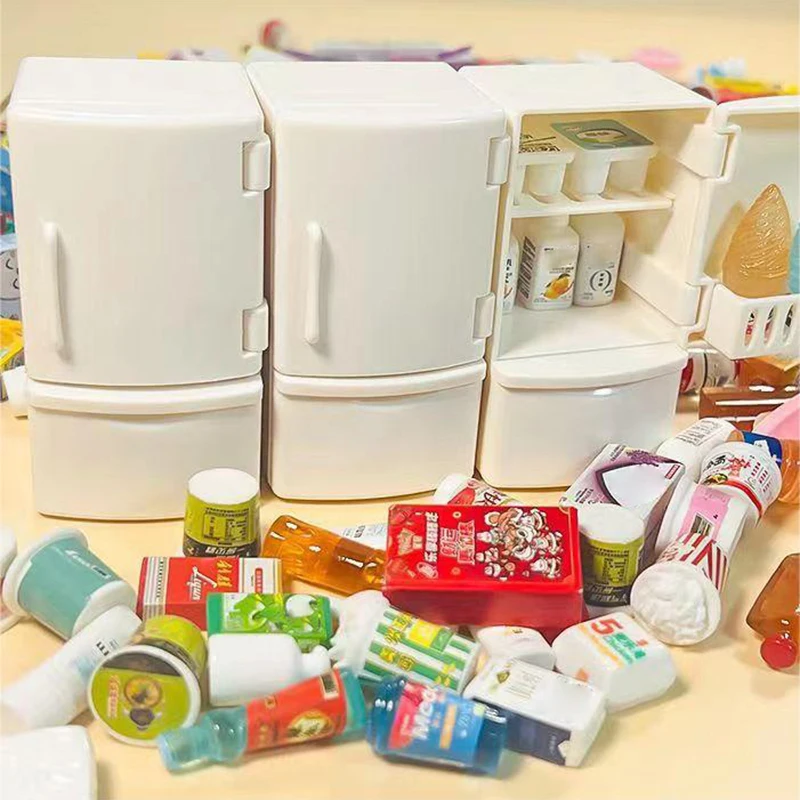 1/12 Mini Poppenhuis Witte Koelkast Met Voedsel Set Keuken Speelgoed Miniatuur Meubels Koelkast Decoraties Voor Kinderen Cadeau