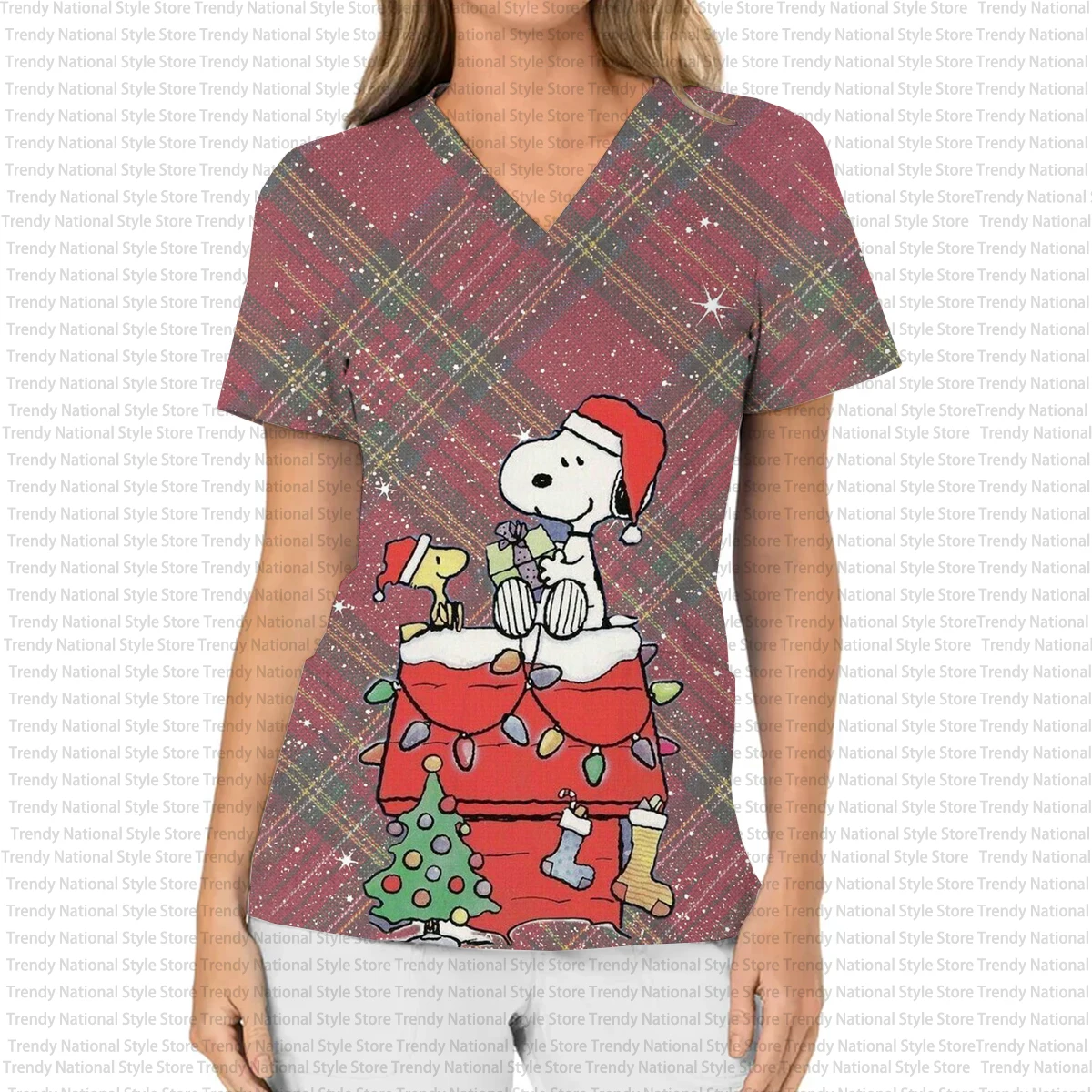 2025 delle nuove donne di alta qualità del fumetto di Natale Snoopy stampa con scollo a V tasca Scrub Top Dental Pet Shop salone di bellezza T-shirt