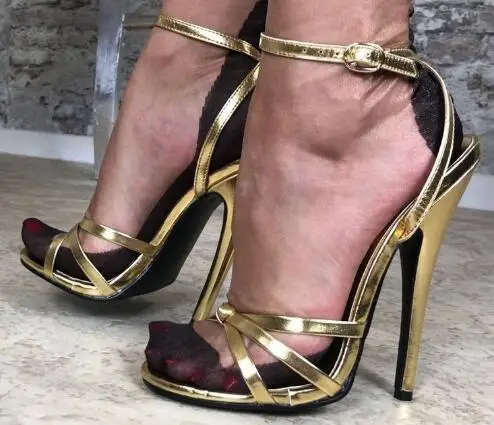

Sexy Women Gold Black Leather Open Toe 16 CM Super Thin Heels Ankle Buckle Strap Summer Sandals High Heel Night Club Shoes Lady