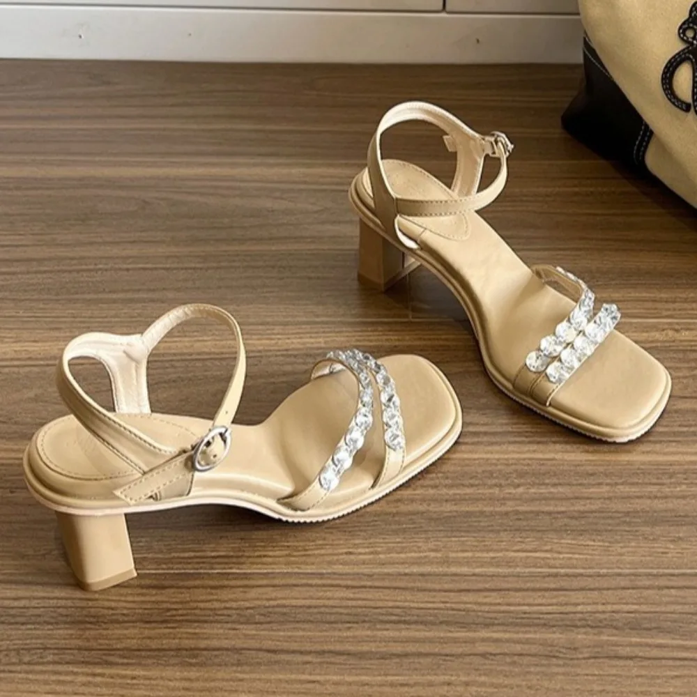 

High Heeled Shoes for Women's in Summer 2025 New High-end Style with Square Toe and Thick Heel Fashionable and Versatile Sandals