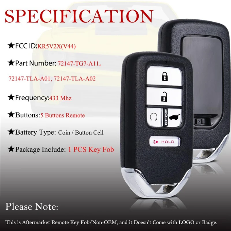 

Car Key Fob Keyless Entry Remote Control KR5V2X For Honda Civic CRV Pilot 72147-TG7-A11 72147-TLA-A01 433Mhz ID47 Chip
