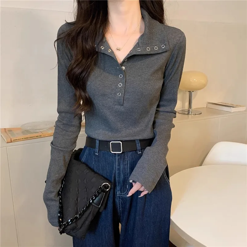 Ribbed Knit Long Sleeve Top Women's Casual Slim Fit Button Down Collar Top with Extended Cuffs Snap Button Detail Fashion Tee