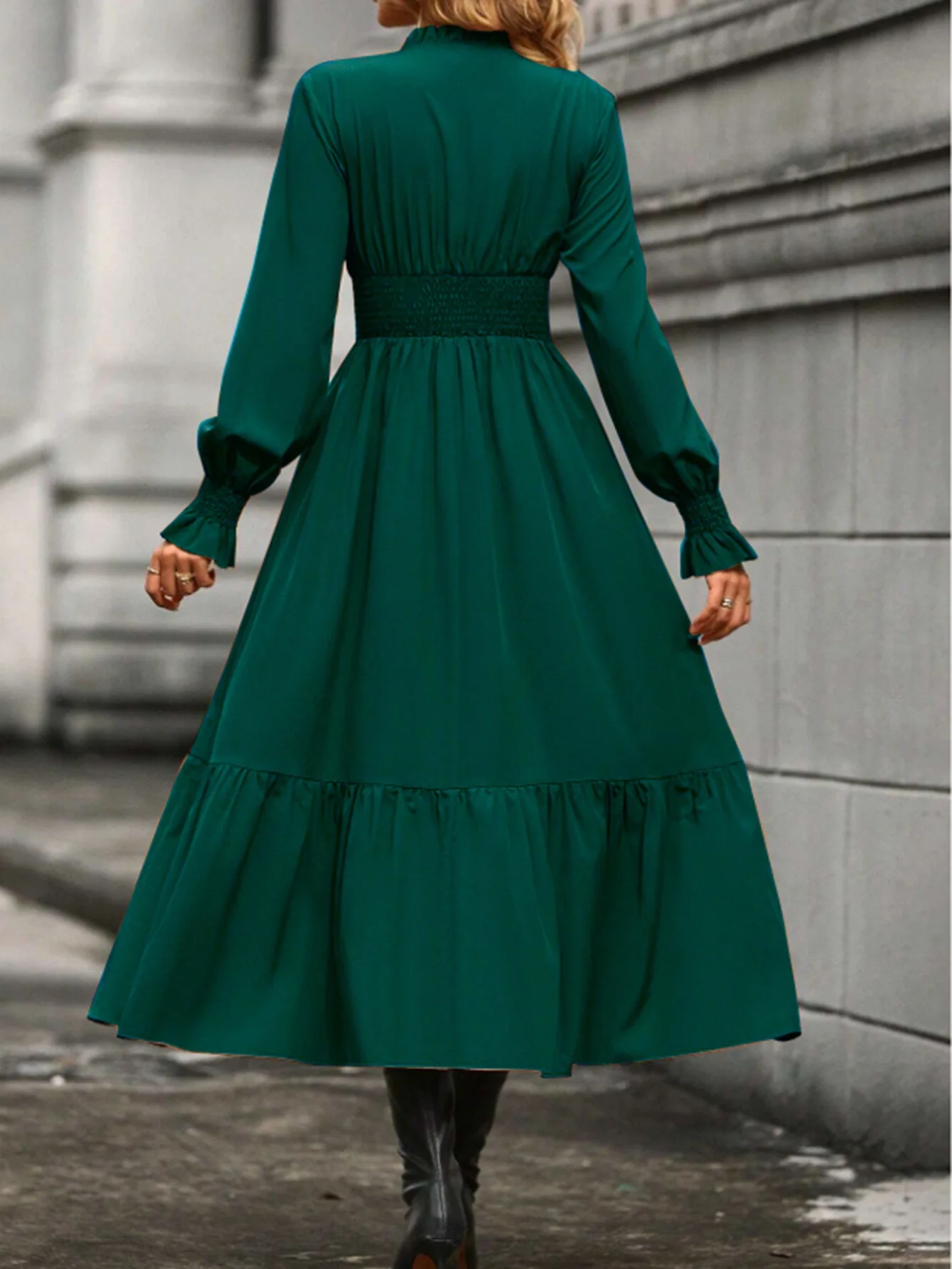 Women Fashion Green Long Sleeve Midi Dress 2025 Spring Autumn V-neck Elastic High Waist Slim Casual Office Lady Dresses Robe