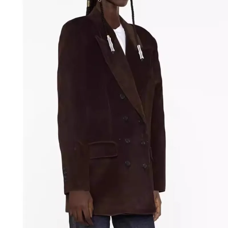 HKSH Women Blazer Dark Style Niche Design Double Breasted Solid Color Loose Casual Corduroy Suit-Coat Spring Autumn New HK27732