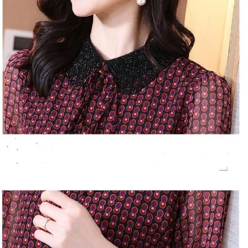 Autumn and Winter Women\'s Pullover Round Neck Loose Fit Chiffon Polka Dot Long Sleeve Underlay Fashion Elegant Commuter Tops