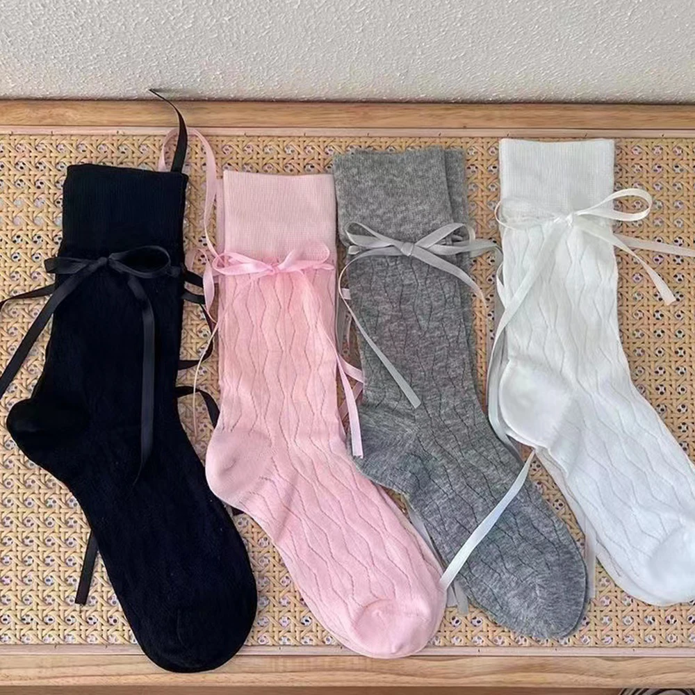 Long Women's Socks High Quality Solid Color Bow Sweet Middle Tube Socks Femme Brew Thin Soft Cute Ladies Stockings Striped Comfy