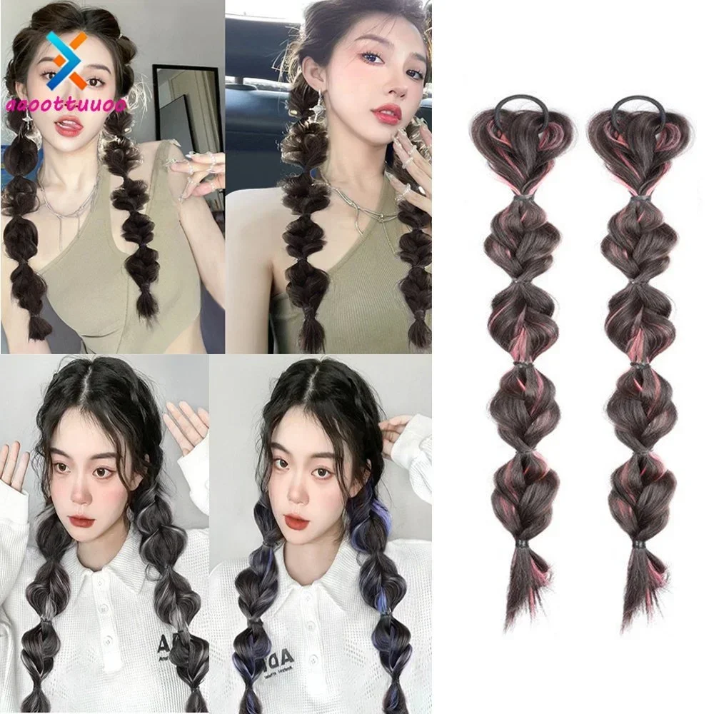 

synthetic wig 1Pcs Cute Playful Fluffy Bubble Ponytail Fake Wig Colorful Braided Seamless Hair Accessories Cosplay Shown