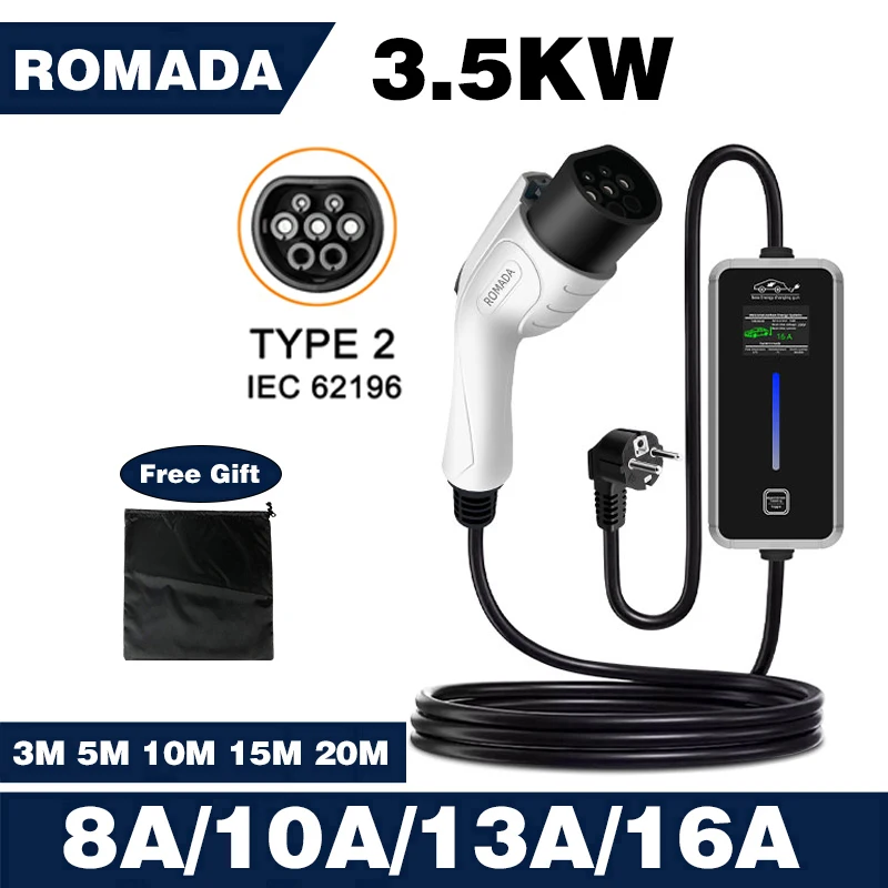 ROMADA 3.5KW 7KW 16A 32A EV Portable Charger 3-20M Cable Type 2 IEC62196 EVSE Wallbox Adapter EU plug For Electric Vehicle