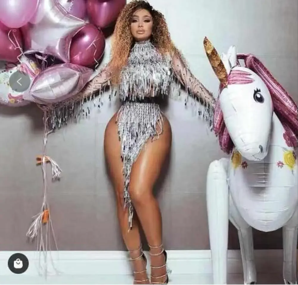 

Shining Sequin Tassel Party Dress Top+ Skirt Outfit Set Women Fringes Latin Dance Dress Nightclub DJ DS Dancer Stage Costumes