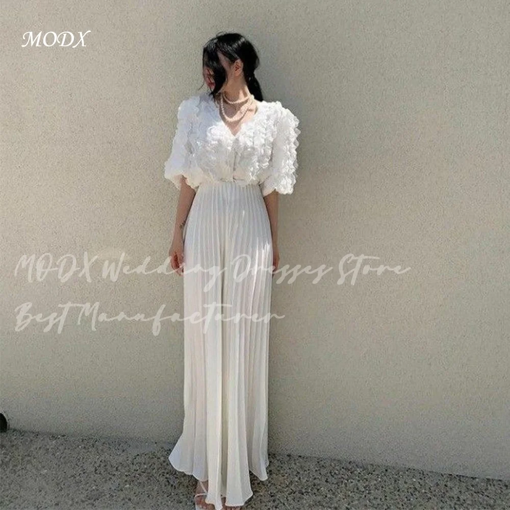 MODX Romantic Wedding Dress Ivory V Neck Floral Embellished Puff Sleeve Pleated Maxi Skirt Floor Length Bridal Gowns Vestido