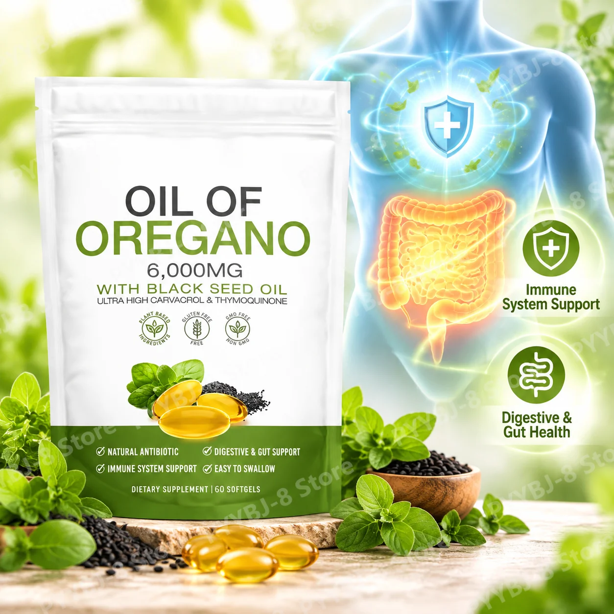 Oil of Oregano Softgels, Support Immune & Gut Digestive Health, With Black Seed Oil,Carvacrol & Thymoquinone,6000mg,60 Softgels