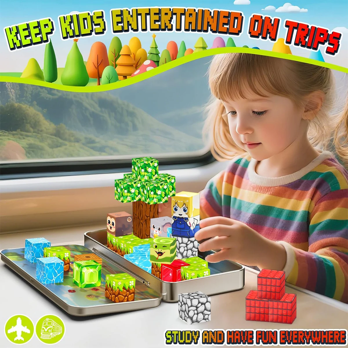 35 قطعة ألعاب مكعبات البناء المغناطيسية مع صندوق حديد محمول ألعاب مغناطيسية تعليمية للأطفال الأولاد والبنات هدايا