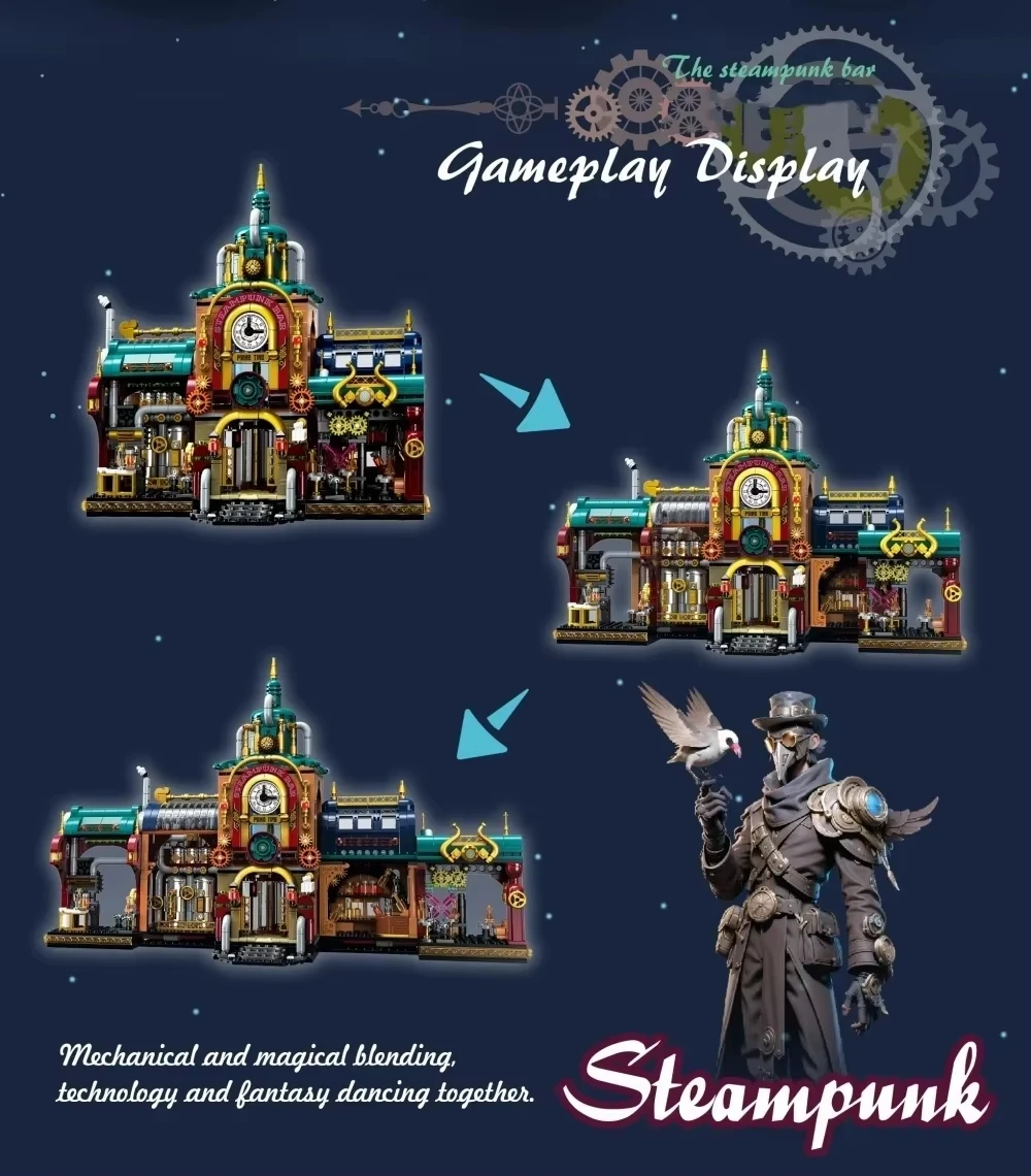 1557pcs Creative Street View Steam Punk Architectures Building Bricks Steampunk Bar Mini Block Model Toys Collection For Gifts